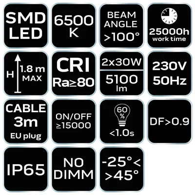 Projecteur double LED SMD 2 x 30 W, 5100 lm, sur pied de 1,8 m