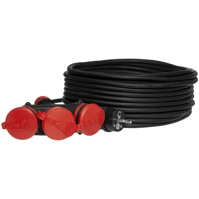 Prolunga PS-X3/54/30M/3X2.5/H05RR-F X3, cavo in gomma H05RR-F nero 3x2.5mm2, IP 54, spina e presa nere e rosse, cavo nero