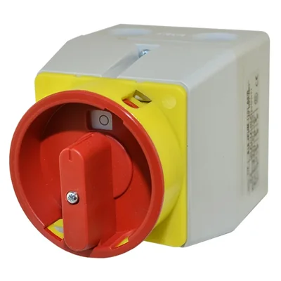 PROMET Cam switch in a plastic housing, lockable with 3 padlocks (5-8 mm), red knob, 0-I (on - off), 25A, 3-pole, IP65