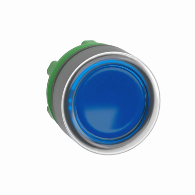 Przycisk płaski okapturzony niebieski samopowrotny LED plastikowy typowa