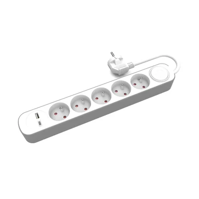 PS-570WS+USBA+USBC/5 E Festes Verlängerungskabel mit Fünffachsteckdose und Schalter sowie USB-A- und USB-C-Anschlüssen, 5 m