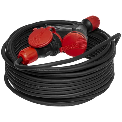 PS-X3/54/30M/3X2.5/H05RR-F Extension cord X3, rubber cable H05RR-F black 3x2.5mm2, IP 54, black and red plug and socket, black cable