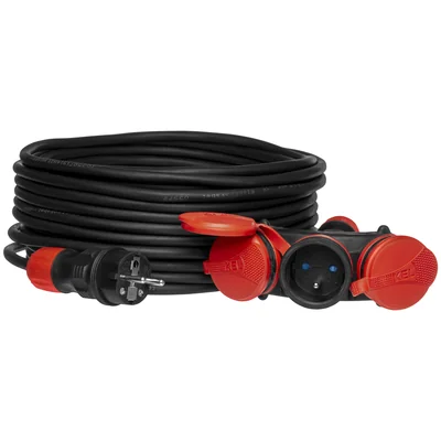 PS-X3/54/30M/3X2.5/H05RR-F Extension cord X3, rubber cable H05RR-F black 3x2.5mm2, IP 54, black and red plug and socket, black cable