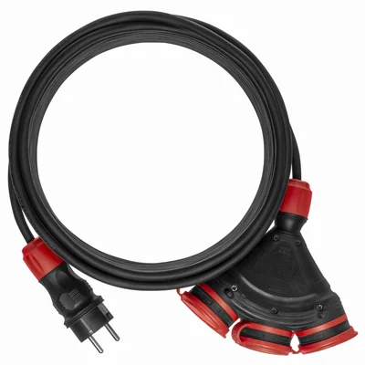 PS-X3/54/30M/3X2.5/H05RR-F Extension cord X3, rubber cable H05RR-F black 3x2.5mm2, IP 54, black and red plug and socket, black cable