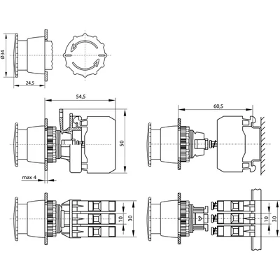 Pulsador de seguridad 22mm 1 contacto de apertura IP65 girando anilla negra