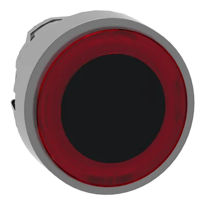 Pulsador plano, rojo, con retorno automático, iluminado, típico anillo metálico