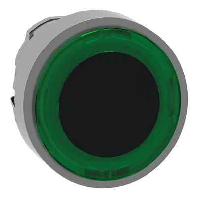 Pulsador plano, verde, con retorno automático, iluminado, típico anillo metálico