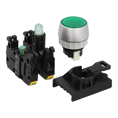 Pulsante completo di pulsante illuminato verde coperto, 1 contatto in chiusura