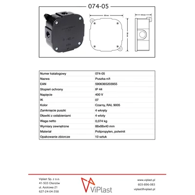 Puszka natynkowa z osłabieniami 4-wlotowa 88x88x40mm IP44 dekiel na 4 wkręty czarna