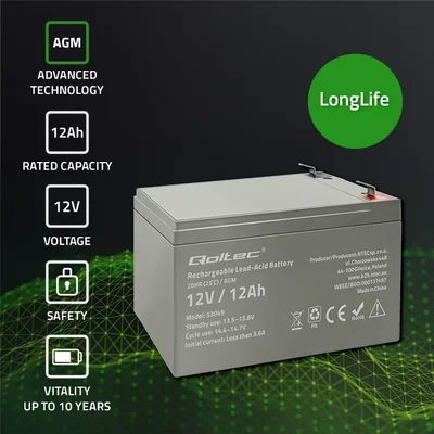 Qoltec AGM-Batterie | 12 V | 12 Ah | Wartungsfrei | Effizient | Langlebig | Für USV, Sicherheitssysteme