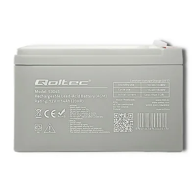 Qoltec AGM-Batterie | 12 V | 14 Ah | Wartungsfrei | Effizient | Langlebig | Für USV, Sicherheitssysteme