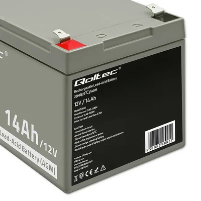 Qoltec AGM-Batterie | 12 V | 14 Ah | Wartungsfrei | Effizient | Langlebig | Für USV, Sicherheitssysteme
