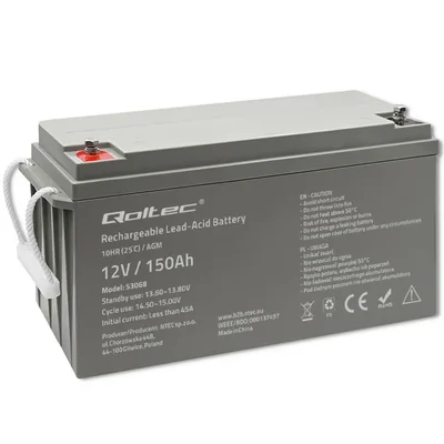 Qoltec AGM-Batterie | 12 V | 150 Ah | 40,1 kg | Wartungsfrei | Leistungsstark | Langlebig | Für USV, Wohnmobil, Boot, Heizung
