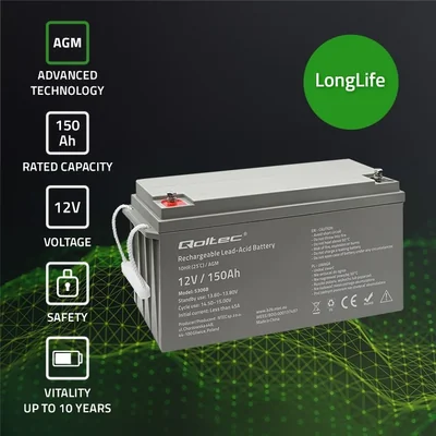 Qoltec AGM-Batterie | 12 V | 150 Ah | 40,1 kg | Wartungsfrei | Leistungsstark | Langlebig | Für USV, Wohnmobil, Boot, Heizung