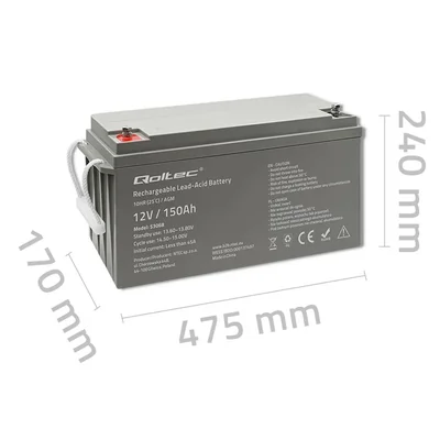 Qoltec AGM-Batterie | 12 V | 150 Ah | 40,1 kg | Wartungsfrei | Leistungsstark | Langlebig | Für USV, Wohnmobil, Boot, Heizung