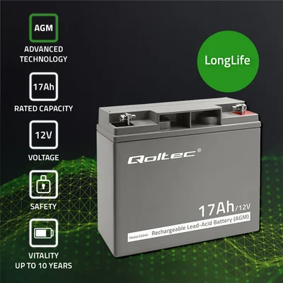 Qoltec AGM-Batterie | 12 V | 17 Ah | Wartungsfrei | Effizient | Langlebig | Für USV, Roller