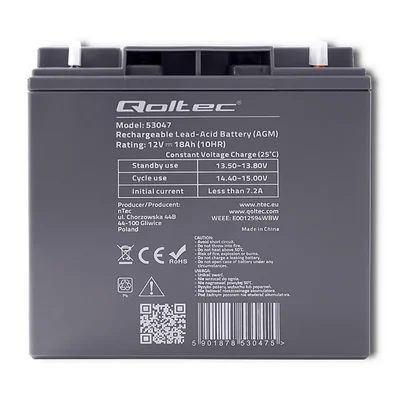 Qoltec AGM-Batterie | 12 V | 18 Ah | Wartungsfrei | Effizient | Langlebig | Für USV, Roller