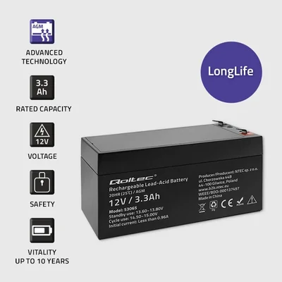 Qoltec AGM-Batterie | 12 V | 3,3 Ah | Wartungsfrei | Effizient | Langlebig | Für USV-Anlagen, Waagen, Kassen