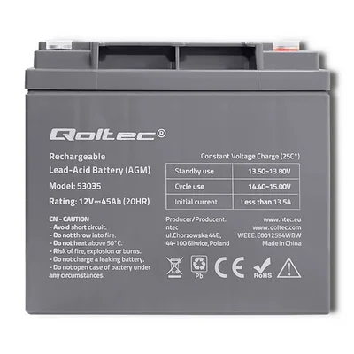 Qoltec AGM-Batterie | 12 V | 45 Ah | Wartungsfrei | Leistungsstark | Langlebig | Für USV, Wohnmobil, Boot, Heizung