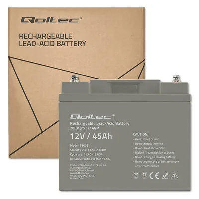 Qoltec AGM-Batterie | 12 V | 45 Ah | Wartungsfrei | Leistungsstark | Langlebig | Für USV, Wohnmobil, Boot, Heizung