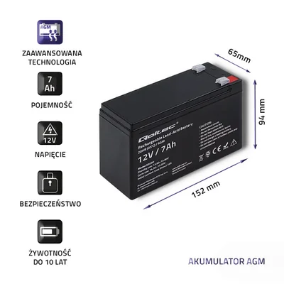 Qoltec AGM-Batterie | 12 V | 7 Ah | Wartungsfrei | Effizient | Langlebig | Für USV, Sicherheitssysteme