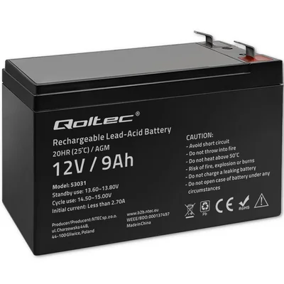 Qoltec AGM-Batterie | 12 V | 9 Ah | Wartungsfrei | Effizient | Langlebig | Für USV, Sicherheitssysteme