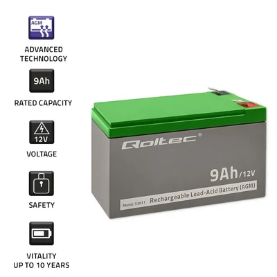 Qoltec AGM-Batterie | 12 V | 9 Ah | Wartungsfrei | Effizient | Langlebig | Für USV, Sicherheitssysteme