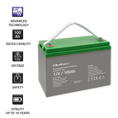 Qoltec AGM Battery | 12V | 100Ah | 28.1kg | Maintenance-free | Powerful | LongLife | for UPS, camper, boat, furnace