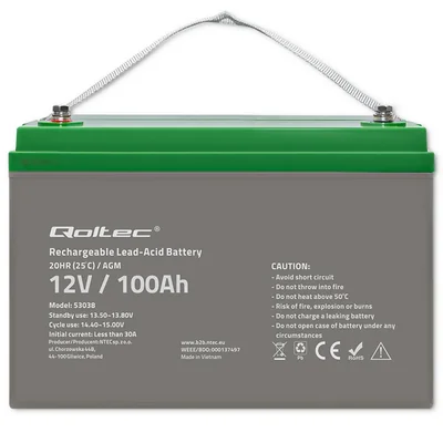 Qoltec AGM Battery | 12V | 100Ah | 28.1kg | Maintenance-free | Powerful | LongLife | for UPS, camper, boat, furnace