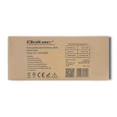 Qoltec AGM Battery | 12V | 12Ah | Maintenance-free | Efficient | LongLife | for UPS, security