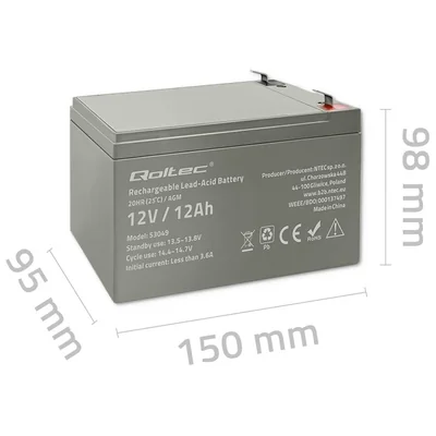 Qoltec AGM Battery | 12V | 12Ah | Maintenance-free | Efficient | LongLife | for UPS, security