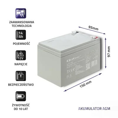 Qoltec AGM Battery | 12V | 14Ah | Maintenance-free | Efficient | LongLife | for UPS, security