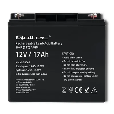Qoltec AGM Battery | 12V | 17Ah | Maintenance-free | Efficient | LongLife | for UPS, scooter