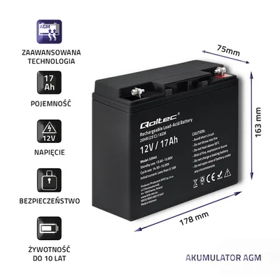 Qoltec AGM Battery | 12V | 17Ah | Maintenance-free | Efficient | LongLife | for UPS, scooter