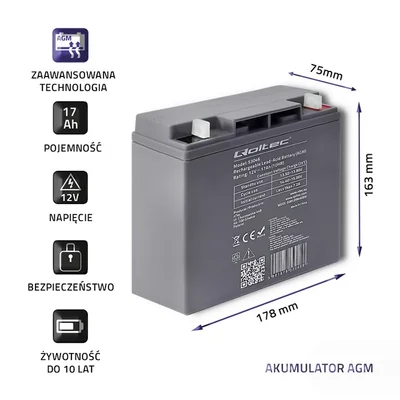 Qoltec AGM Battery | 12V | 17Ah | Maintenance-free | Efficient | LongLife | for UPS, scooter