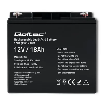 Qoltec AGM Battery | 12V | 18Ah | Maintenance-free | Efficient | LongLife | for UPS, scooter