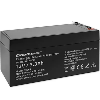 Qoltec AGM Battery | 12V | 3.3Ah | Maintenance-free | Efficient | LongLife | for UPS, scales, cash registers
