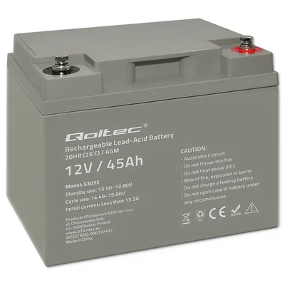 Qoltec AGM Battery | 12V | 45Ah | Maintenance-free | Powerful | LongLife | for UPS, camper, boat, furnace