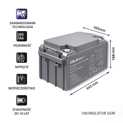 Qoltec AGM battery | 12V | 65Ah | max 780A