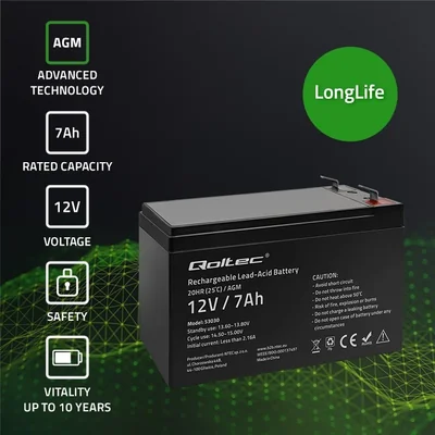 Qoltec AGM Battery | 12V | 7Ah | Maintenance-free | Efficient | LongLife | for UPS, security