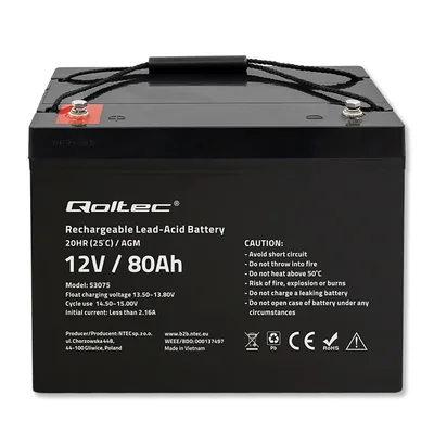 Qoltec AGM Battery | 12V | 80Ah | 23.5kg | Maintenance-free | Powerful | LongLife | for UPS, camper, boat, furnace