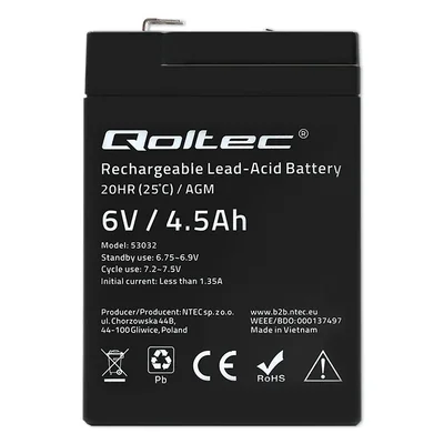 Qoltec AGM Battery | 6V | 4.5Ah | Maintenance-free | Efficient | LongLife | for UPS, scales, cash registers
