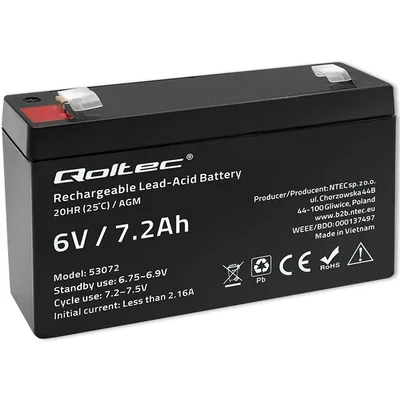 Qoltec AGM Battery | 6V | 7.2Ah | Maintenance-free | Efficient | LongLife | for toys, vehicles