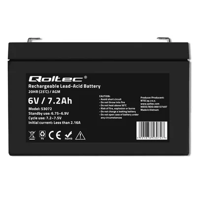 Qoltec AGM Battery | 6V | 7.2Ah | Maintenance-free | Efficient | LongLife | for toys, vehicles
