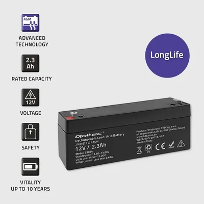 Qoltec Akumulator AGM | 12V | 2.3Ah | Bezobsługowy | Wydajny | LongLife | do UPS, wagi, kasy