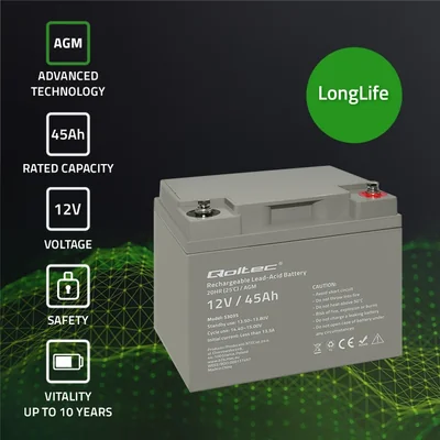 Qoltec Akumulator AGM  | 12V | 45Ah | Bezobsługowy | Mocny | LongLife | do UPS, kampera, łodzi, pieca