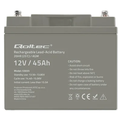 Qoltec Akumulator AGM  | 12V | 45Ah | Bezobsługowy | Mocny | LongLife | do UPS, kampera, łodzi, pieca