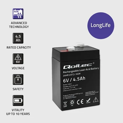 Qoltec Akumulator AGM | 6V | 4.5Ah | Bezobsługowy | Wydajny | LongLife | do UPS, wagi, kasy