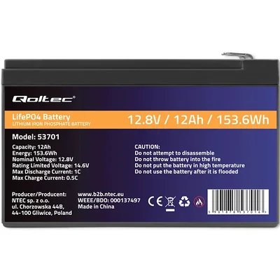 Qoltec Akumulator LiFePO4 Litowo-Żelazowo-Fosforanowy | 12.8V | 12Ah | 153.6Wh | BMS
