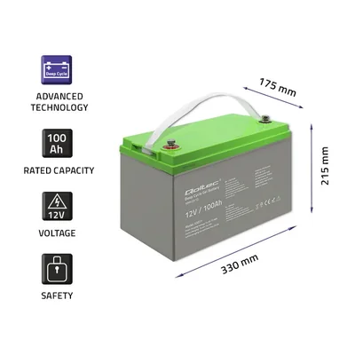 Qoltec Akumulator żelowy Deep Cycle | 12V | 100Ah | 30.5kg | Bezobsługowy | Professional | LongLife | PV, UPS, kamper